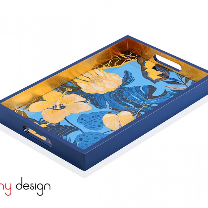 Blue rectangle lacquer tray with yellow hibiscus pattern 25*40*4 cm